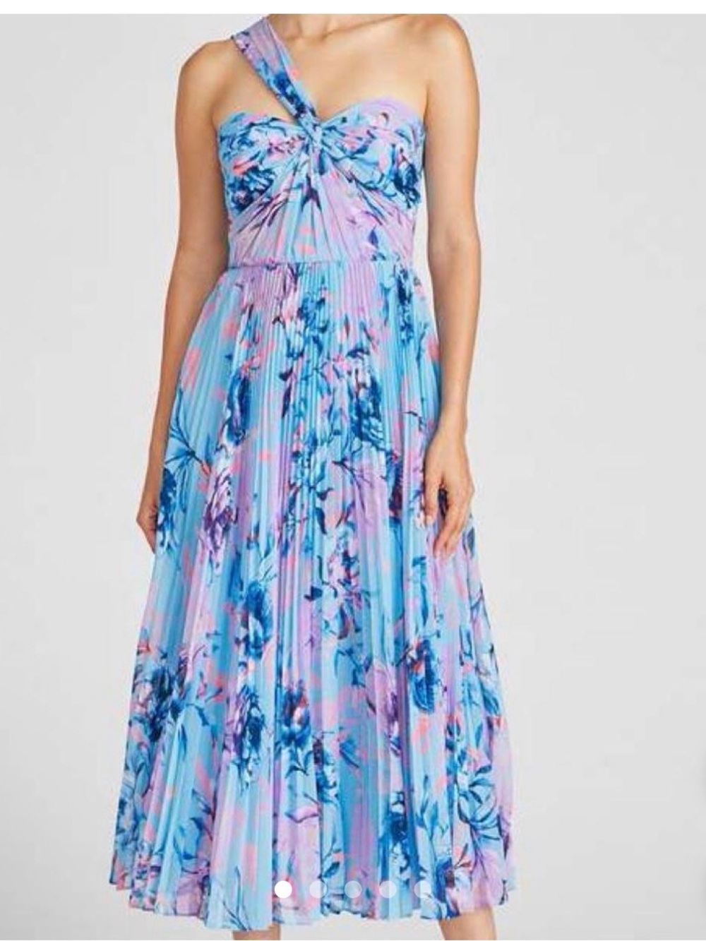 Monique Lhuillier One-Shoulder Floral Pleated Midi Dress - Blue, Pink